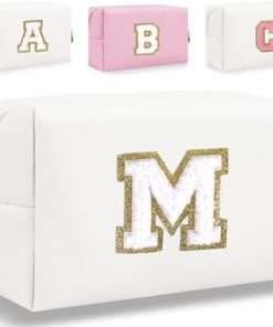 wholesale initial letter makeup bag, cute waterproof pu leather chenille letter cosmetic bag travel makeup bag, preppy makeup pouch toiletry zipper pouch organizer manufacturer