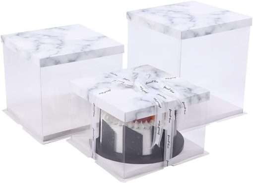oem 2pcs clear square cake box 10x10x12 inch white base and folded lid, plastic wedding birthday cake package transparent bakery gift package suitable for 6/7/8/9 inch 3 tier cakes manufacturer