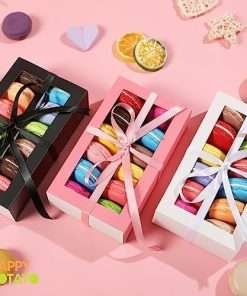 bulk 15 pack macaron boxes for 12, 7.2×4×1.9 inches, macaron packaging boxes, pink macaron boxes with clear window, macaron container packaging boxes with ribbon supplier