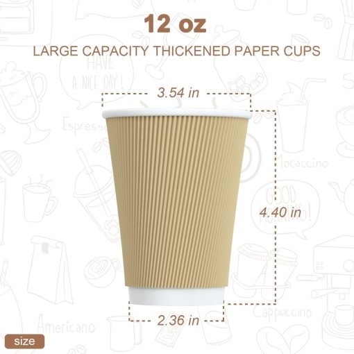 wholesale 12 oz kraft paper coffee cups - insulated corrugated sleeve ripple wall design - disposable and ideal for hot beverages at parties and any occasion - factory direct