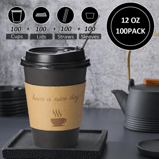wholesale 12 oz disposable thickened coffee cups with lids - scald resistant, includes hot cups sleeve and straw - ideal for home, office, cafes, and parties - factory direct