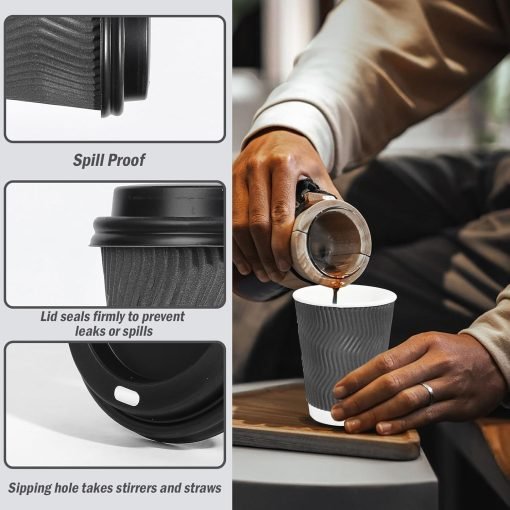 wholesale 12 oz insulated disposable coffee cups with lids, to go paper coffee cups with lids, corrugated ripple wall cup for hot drink office coffee bar factory
