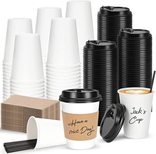 wholesale 12 oz disposable coffee cups with lids, sleeves, and stir straws - ideal to-go cups for hot coffee at home, office, cafes, and parties - factory direct