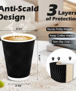 wholesale 12 oz black disposable coffee cups - corrugated ripple wall design for hot/cold beverages