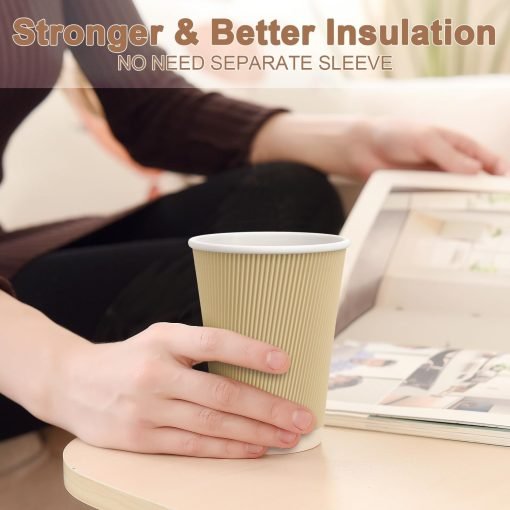 wholesale 12 oz kraft paper coffee cups - insulated corrugated sleeve ripple wall design - disposable and ideal for hot beverages at parties and any occasion - factory direct