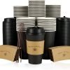 wholesale 16 oz paper coffee cups with lids, sleeves, and stirring sticks - disposable, black, perfect for hot coffee and chocolate drinks in homes and cafes
