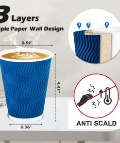 wholesale 12 oz blue disposable insulated coffee cups - corrugated ripple wall design for hot and cold drinks