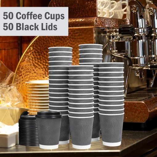 wholesale 12 oz insulated disposable coffee cups with lids, to go paper coffee cups with lids, corrugated ripple wall cup for hot drink office coffee bar factory