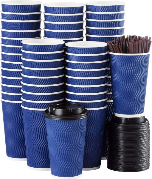 wholesale 16 oz disposable coffee cups with lids and straws - insulated ripple design protects fingers - ideal for hot/cold beverages, espresso, tea - factory direct