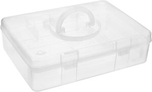 BTSKY 2-Tier Cute Bear Storage Box with Removable Divided Tray Portable Clear Plastic Art Craft Supply Organizer Stackable Home Office Supplies Storage Container for Pens Notes A4 Papers etc (Clear)