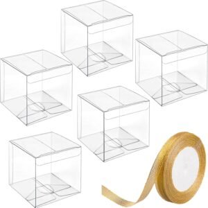 JOERSH 3x3x3 Inches Clear Favor Boxes for with Gold Gift Ribbons 30 PCS Transparent Plastic 3 Inch Mini Cube Gift Packaging Box for Party favors, Treats and Minigifts