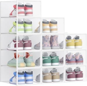 SONGMICS Stackable Shoe Boxes, Set of 12 Plastic Shoe Organizers with Door, Transparent, Easy Assembly, 9.1 x 13.1 x 5.6 Inches, for Shoes up to US Size 10, Transparent and Cloud White ULSP312W01